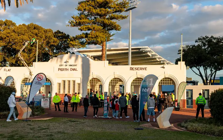 A photo of people outside of Gate 1 at HBF Park