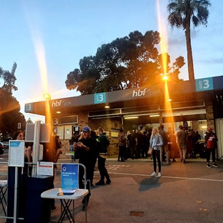 A photo taken from outside one of the ticket offices located at HBF Park